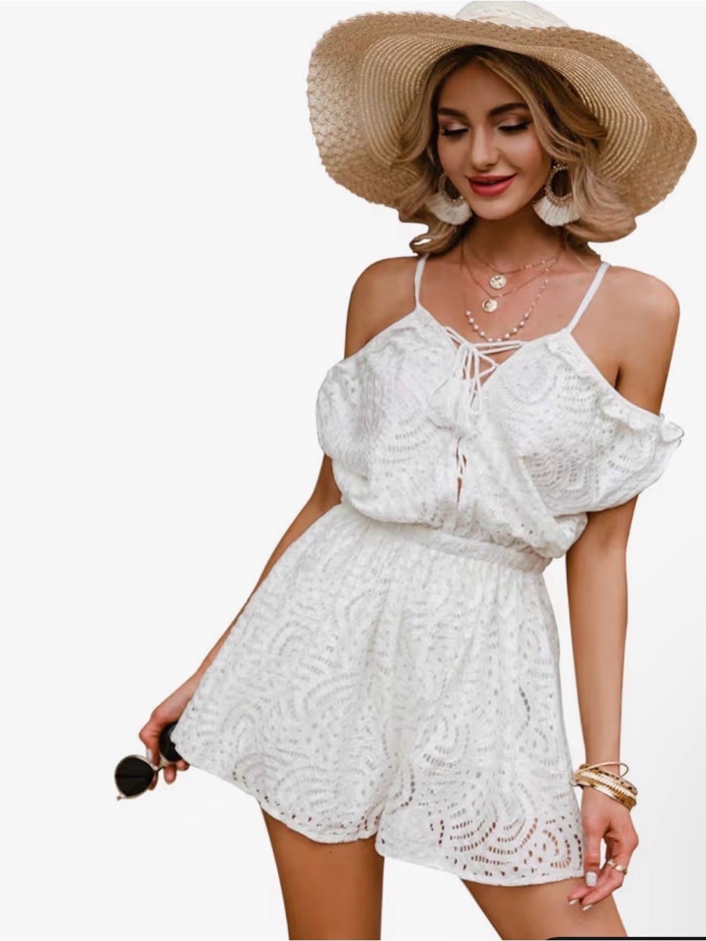 Simple White Lace Cold-Shoulder Romper with Spaghetti Straps